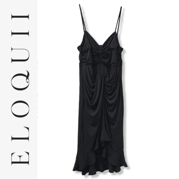 ELOQUII Black Strappy Midi Flounce Asymmetrical Hem Dress, V-Neck Twist Front - Picture 1 of 12